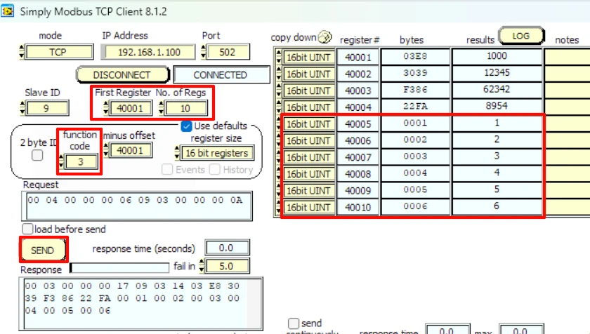 Simply Modbus TCP Client showing holding registers 40005 through 40010 updated after the function code 16 write