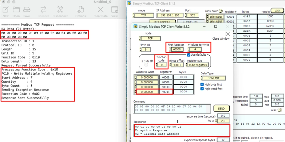 Simply Modbus TCP Client receiving an Illegal Data Address exception for a write request beyond register 40010
