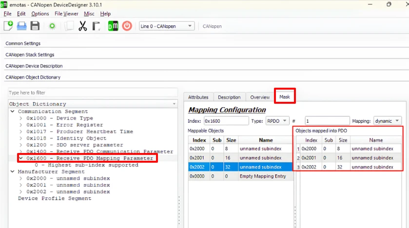 Mapping section in the Device Designer listing objects available to map into the RPDO