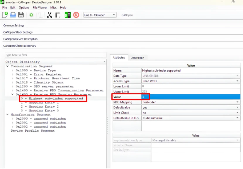 RPDO mapping parameter 0x1600 showing three mapped entries under sub-index 1, 2 and 3