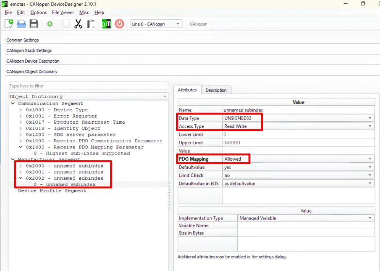 Creating 8-bit, 16-bit and 32-bit objects at 0x2000, 0x2001 and 0x2002 with PDO mapping enabled