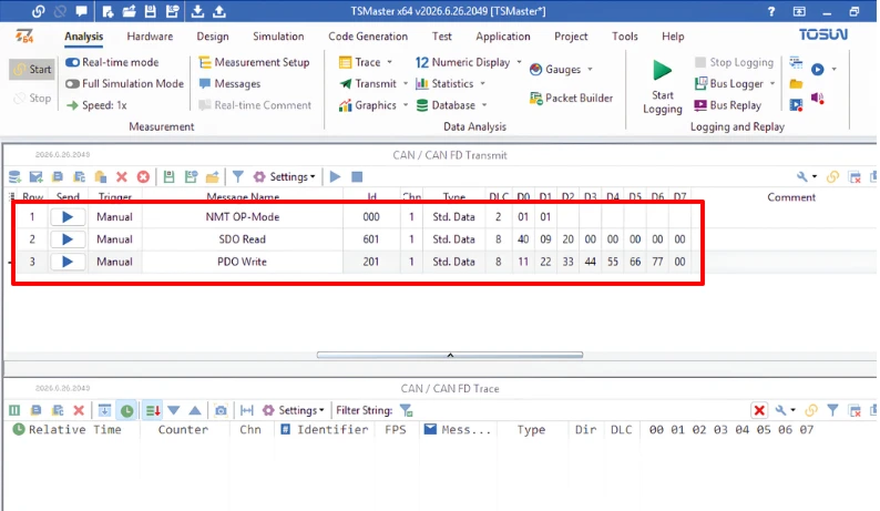 TSMaster command list with NMT, SDO read and PDO write commands