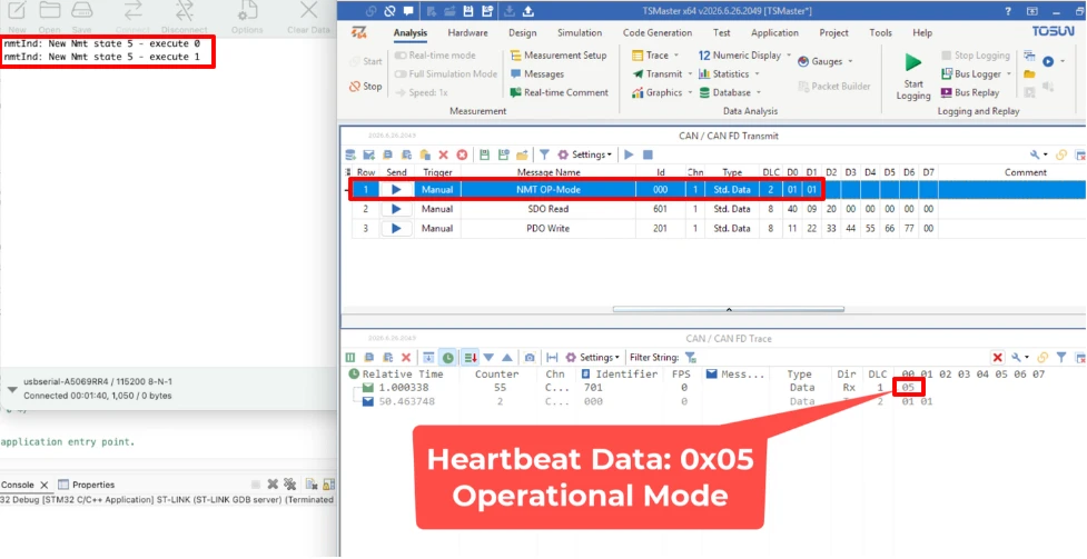 NMT command sent in TSMaster and heartbeat message showing operational state 0x05