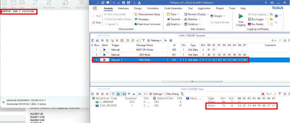 RPDO write command in TSMaster with CAN ID 0x201 and seven data bytes