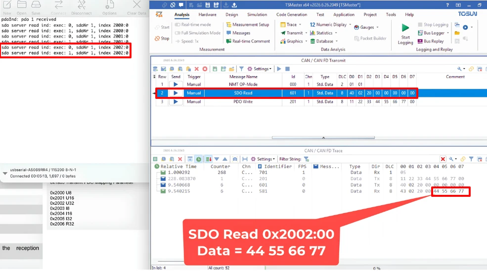SDO read responses in TSMaster showing the values written by the RPDO message