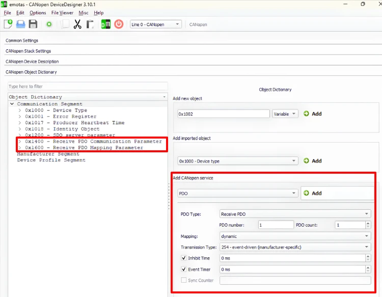 Add PDO settings in the CANopen Device Designer for a receive PDO with dynamic mapping
