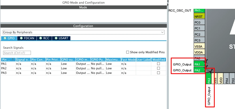 STM32CubeMX pinout with PA1, PA2 and PA3 configured as GPIO output pins for the LEDs