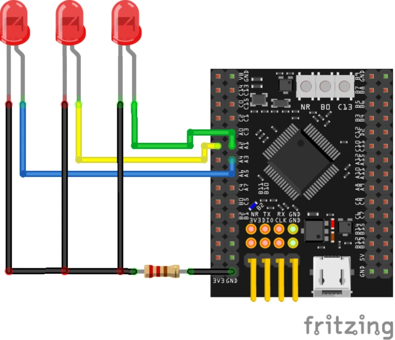STM32CubeIDE main loop code writing led1, led2 and led3 to pins PA1, PA2 and PA3 with HAL_GPIO_WritePin