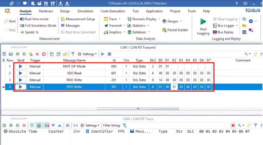 TSMaster command list with the NMT, SDO read and two RPDO write commands for the STM32 CANopen node