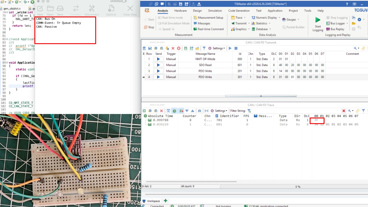 TSMaster showing the STM32 node in pre-operational mode with heartbeat value 0x7F and no serial output