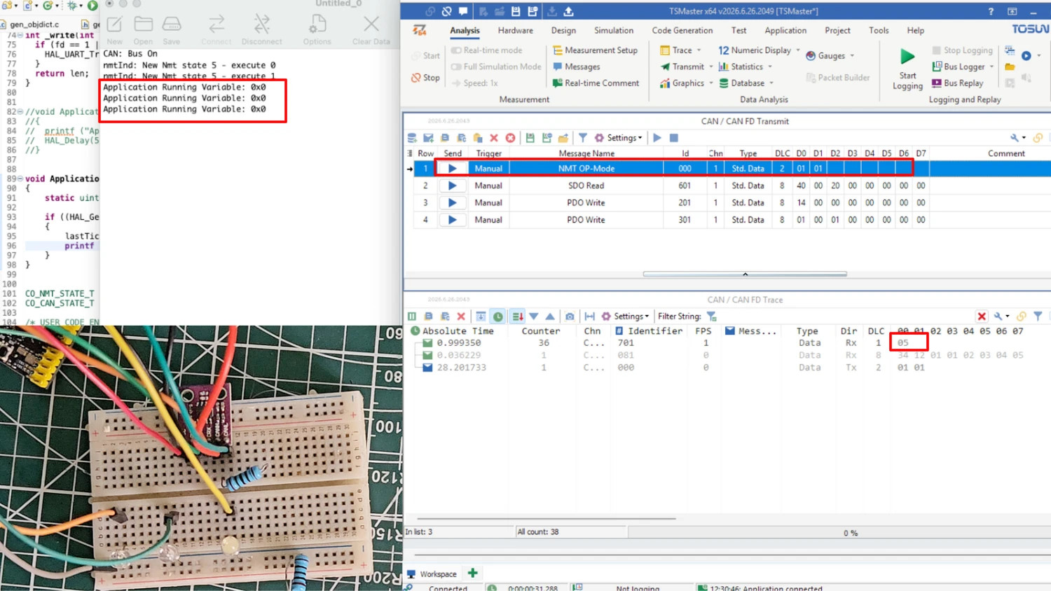 TSMaster heartbeat changing to 0x05 after the NMT command, with the serial console printing my_variable as 0