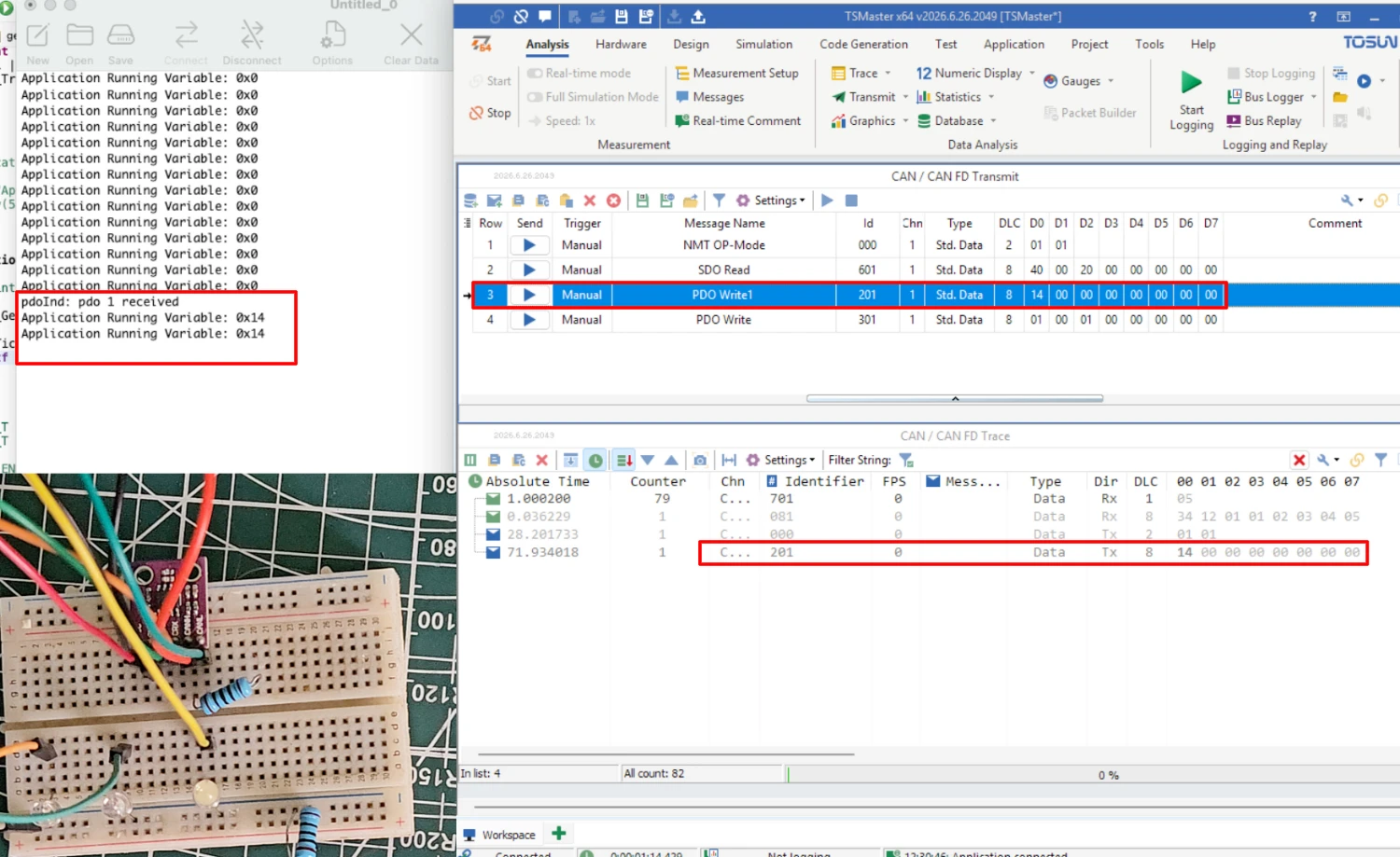 RPDO write with CAN ID 0x201 and data byte 0x14 in TSMaster, with the serial console showing my_variable as 0x14