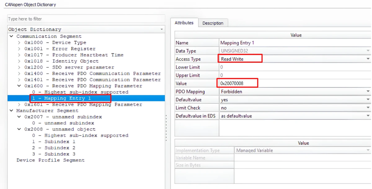 RPDO mapping parameter 0x1600 with the entry 0x20070008 and the highest supported subindex set to 1
