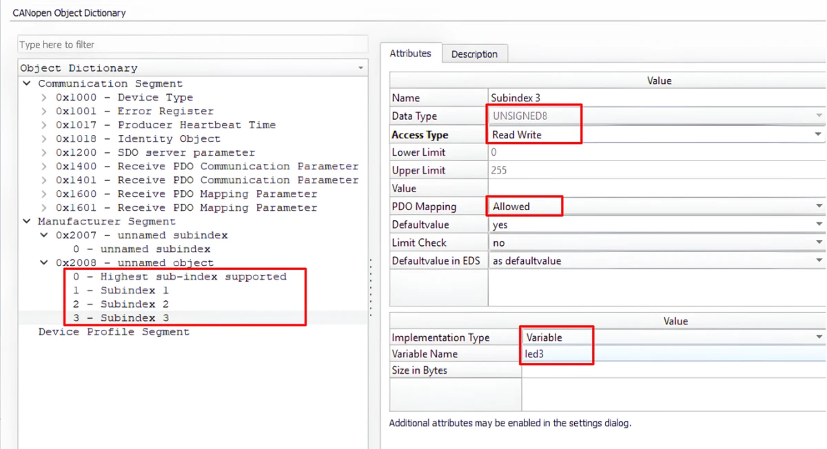 Device Designer array object 0x2008 with three subindexes named led1, led2 and led3