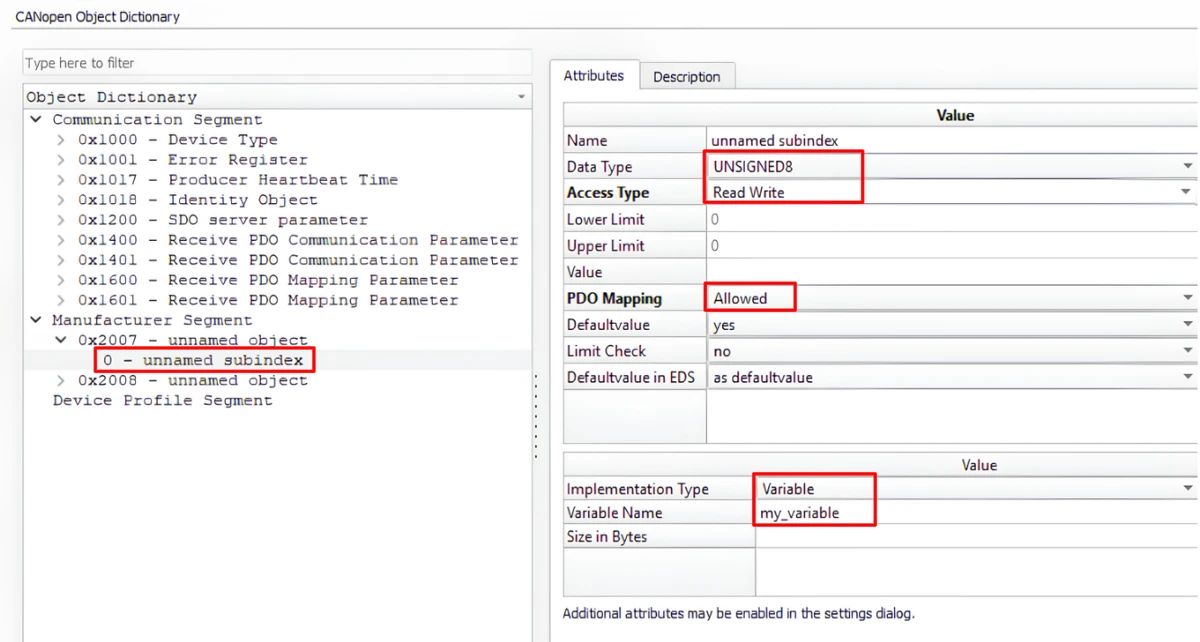 Device Designer properties of object 0x2007 with implementation type set to variable and the name my_variable