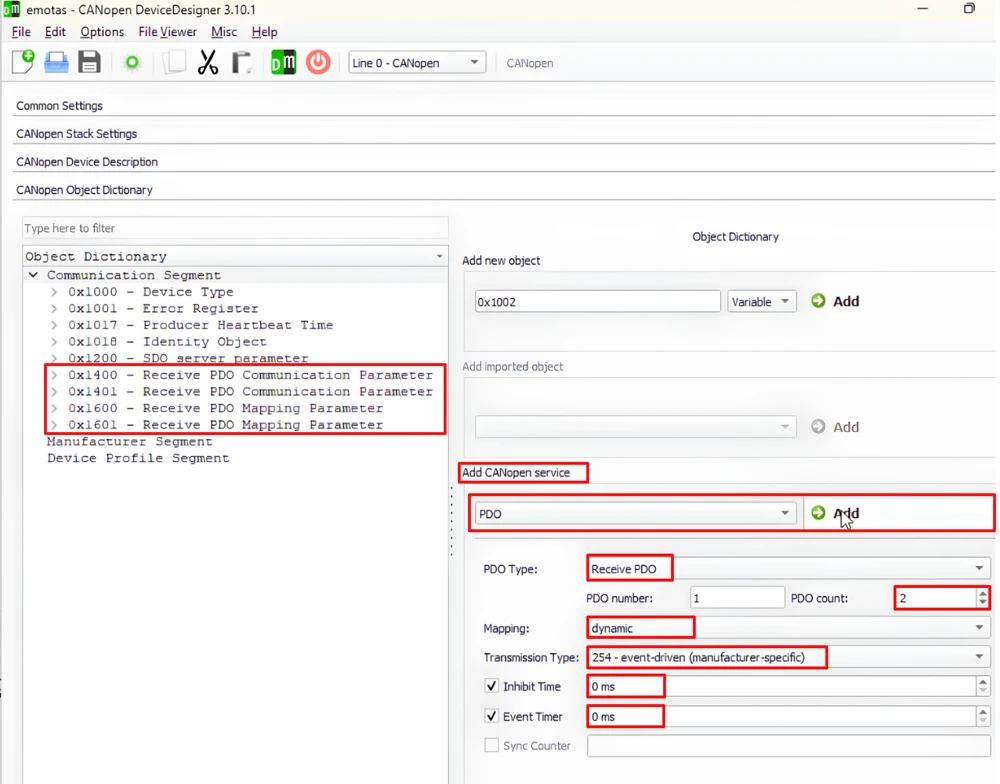 CANopen Device Designer Add PDO dialog set to receive PDO with dynamic mapping and transmission type 254