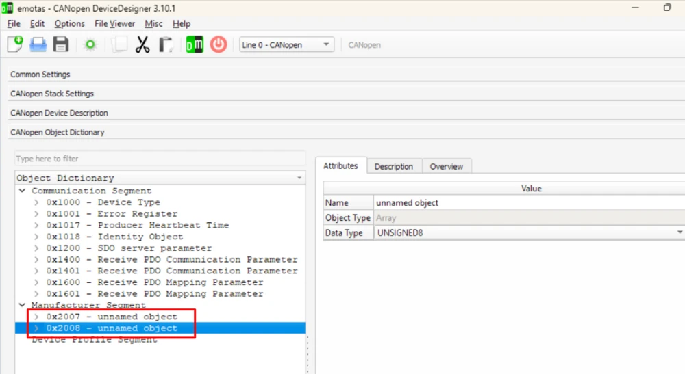CANopen Device Designer manufacturer segment with new objects added at index 0x2007 and 0x2008